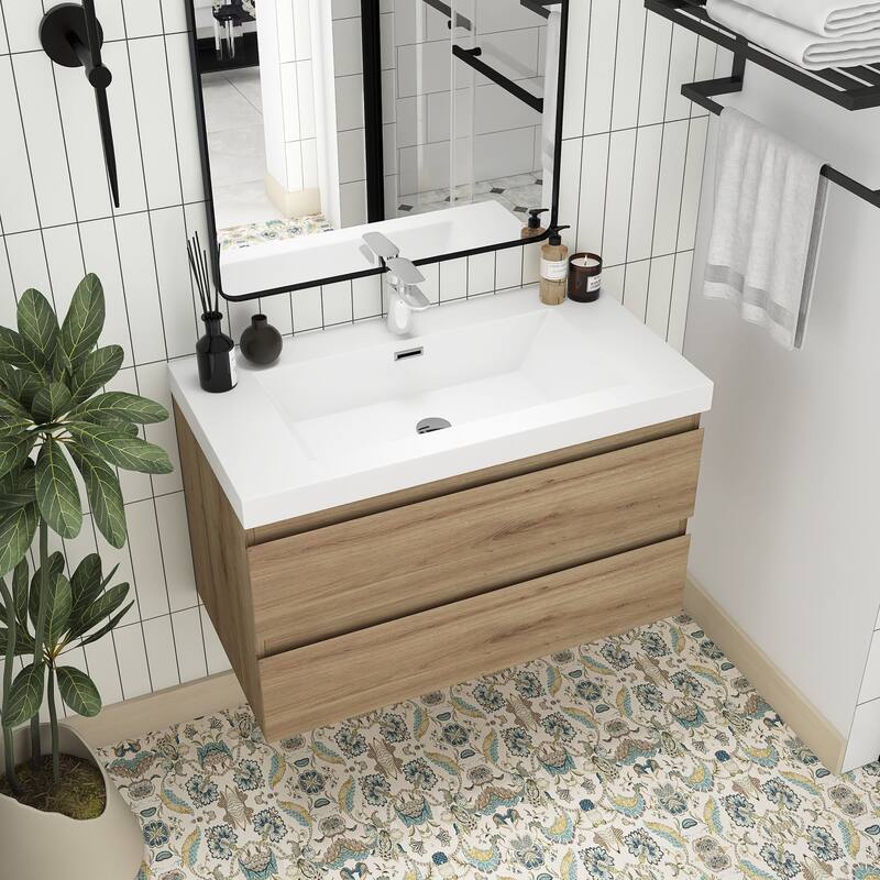 MDF Wall-Mounted Bathroom Vanity Set in Oak with Integrated Culture Marble Sink