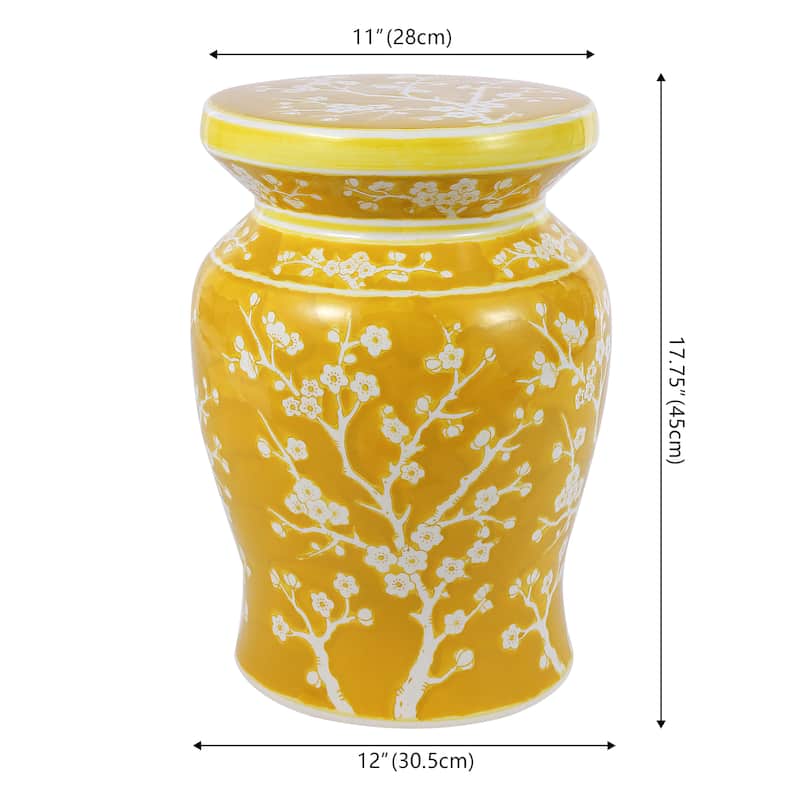 Cherry Blossom 17.7" Ceramic Garden Stool, Navy/White by JONATHAN Y