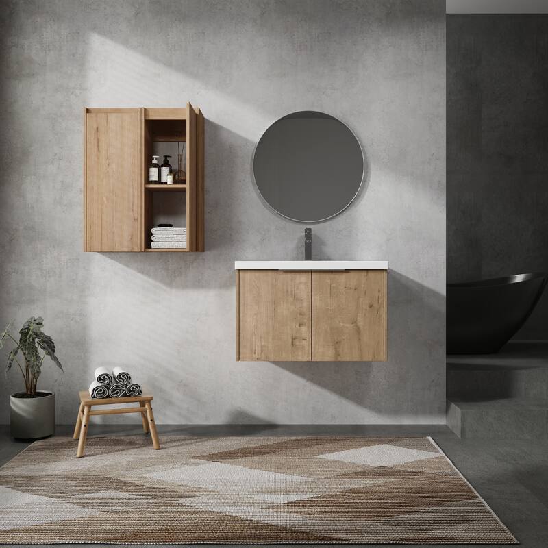 24" Floating Bathroom Vanity with Resin Sink, Side Cabinets, Soft-Close Doors, and Luxury Metal Handles