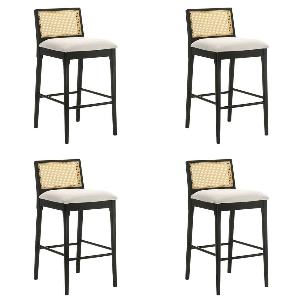 Tobias Rattan and Wood Bar Stool, Counter Height Kitchen Stool with White Boucle Fabric Upholstered Seat