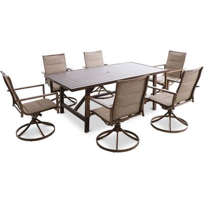 Mod Atlas 7-Piece Outdoor Dining Set with 6 Padded Contoured-Sling Swivel Rockers and a 74-In. x 40-In. Trestle Table, Tan