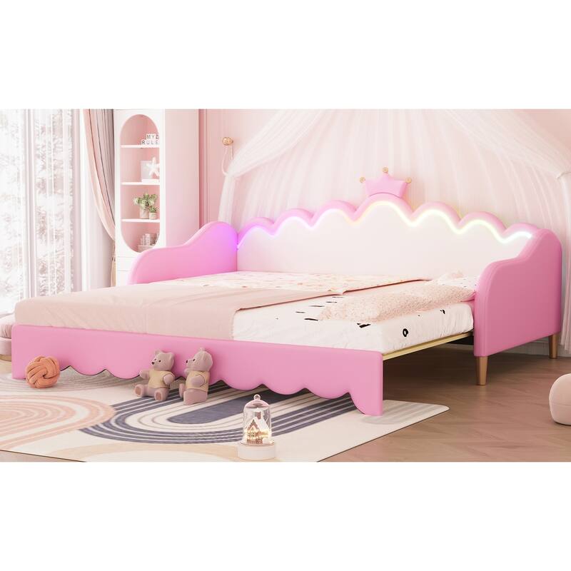 Twin Size Upholstered Princess Daybed with LED Lights and Crown Headboard