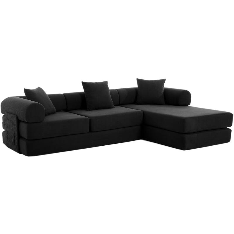 107" L-Shaped 6-in-1 Corduroy Modular Sectional Sofa, Convertible Out Sofa Bed, 4-Seat, Black