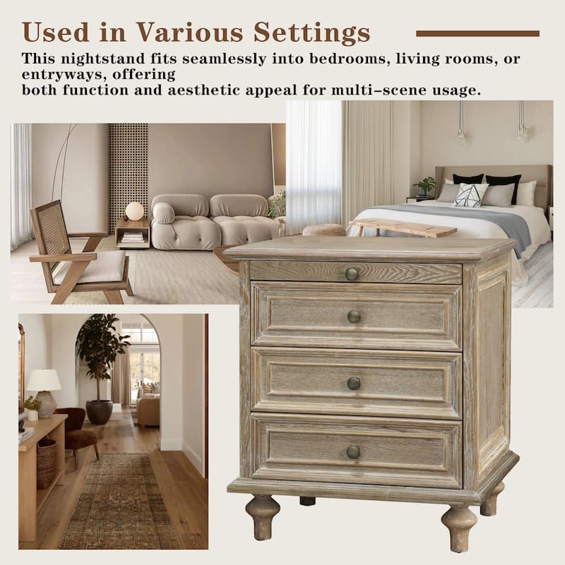 Nightstands with 4 Drawer,Wood Storage End Table with Hidden Pull-Out Shelf, with 4 Solid Wood Feet and Metal Handle