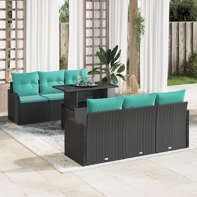 vidaXL 7 Piece Garden Sofa Set with Cushions Black Poly Rattan - 69.3×24.4×27.2