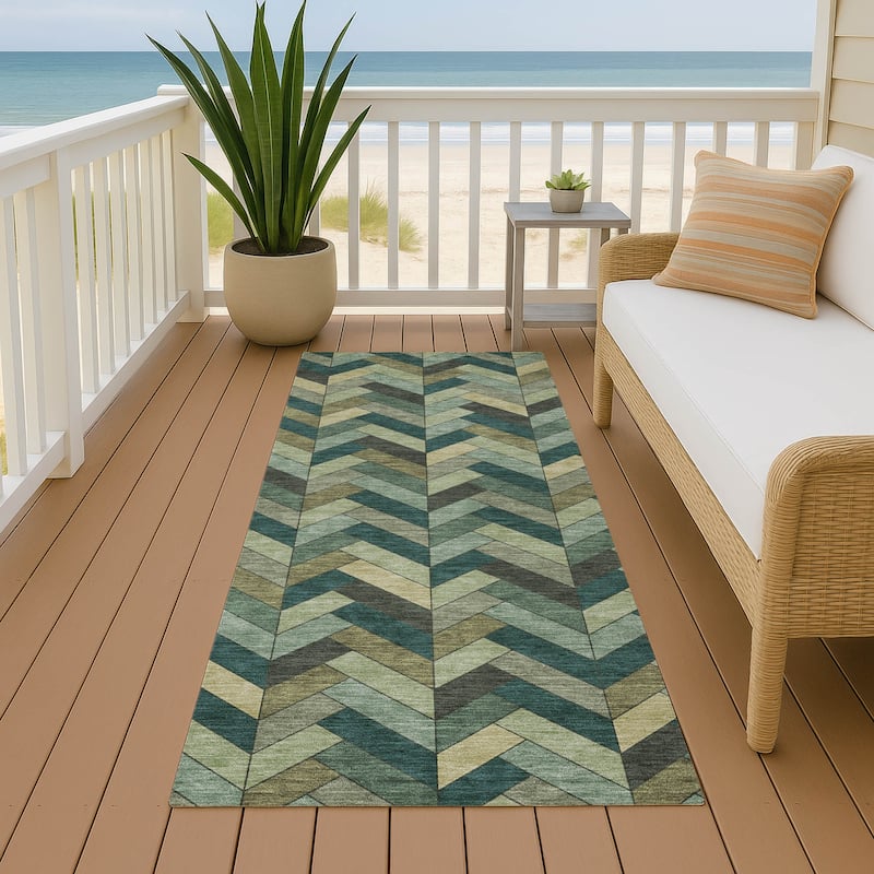Machine Washable Indoor/ Outdoor Modern Chevron Chantille Rug - Green - 2'3" x 7'6"