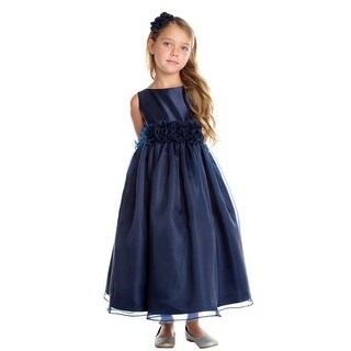 Shop Big Girls Navy Satin Organza Flower Adorned Christmas Dress 7