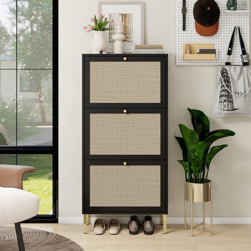 Freestanding Modern Shoe Rack Storage with 3 Natural Rattan Door - Black-1
