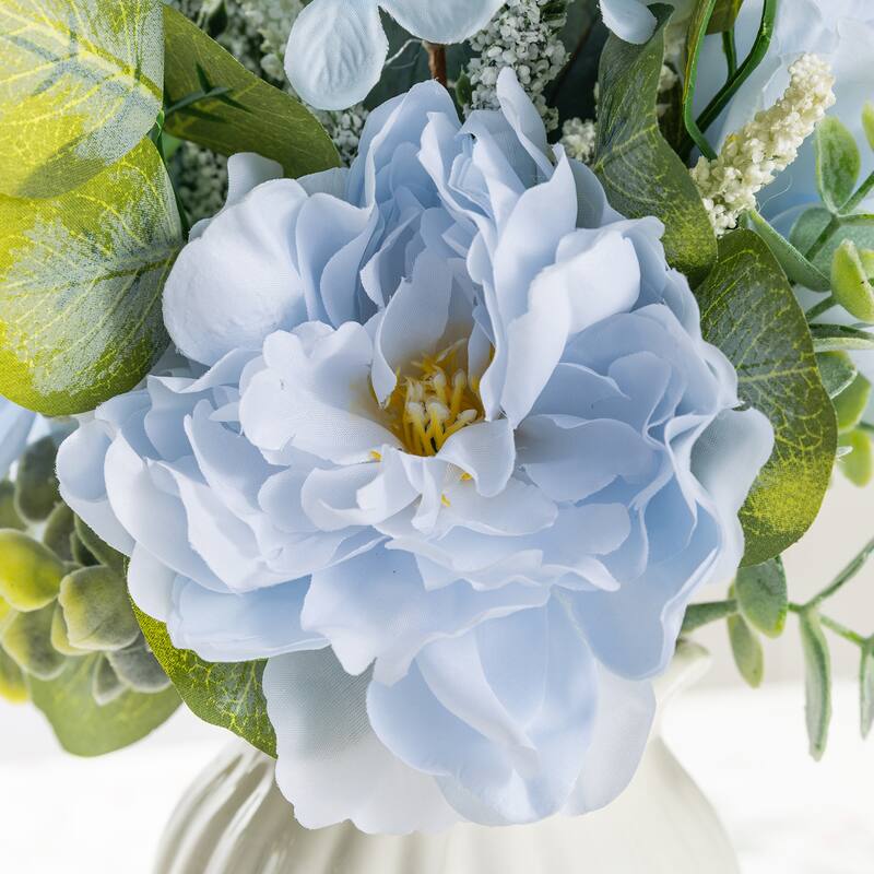 Glitzhome 24"D Blue Peony & Hydrangea Floral Wreath Includes a Complimentary Black Metal Wreath Hanger