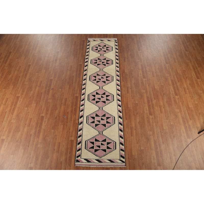 Geometric Anatolian Vintage Runner Rug Foyer Handmade Wool Carpet - 2'11"x 11'7"