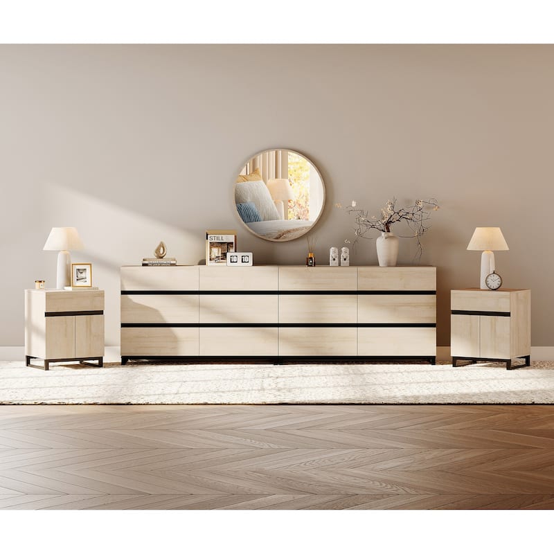 3-Piece Dresser And Nightstand Set,Dresser With 12 Drawers, 2 Nightstand for Bedroom, Bedroom Furniture Set