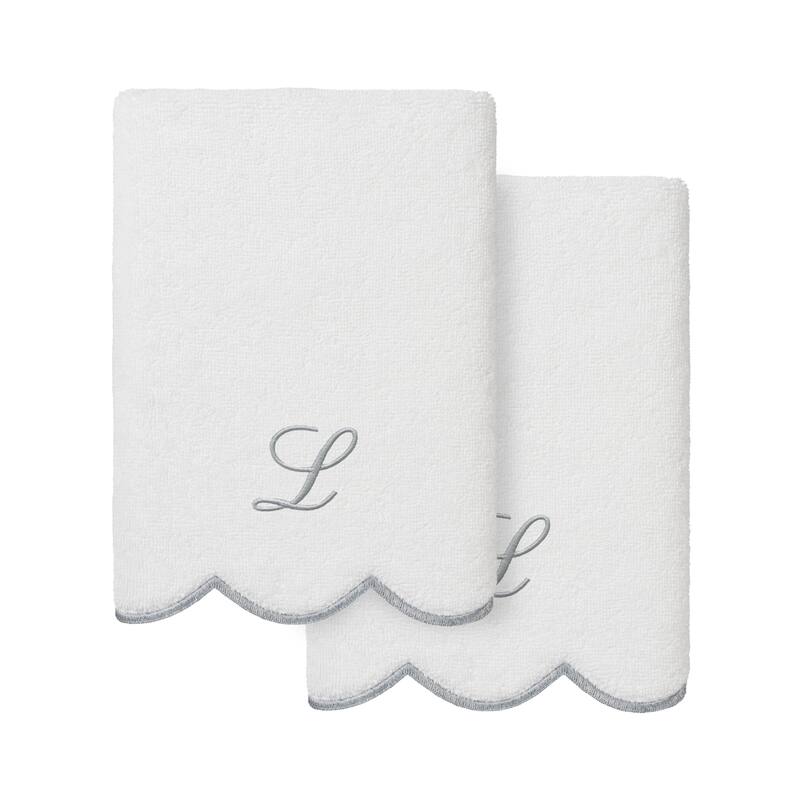 Authentic Hotel and Spa 100% Turkish Cotton Grey ADORNIA Scallop Personalized 2 Piece Hand Towel Set - 2 Hand Towels - L
