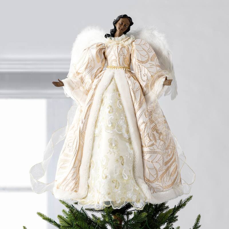 Glitzhome 24"H Faux Fur & PVC Christmas Elegant African Angel Tree Topper