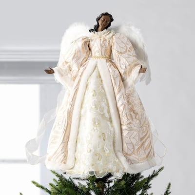 Glitzhome 24"H Faux Fur & PVC Christmas Elegant African Angel Tree Topper
