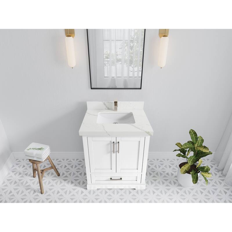 Willow Collection 30 in W x 22 in D x 36 in H Reeded Boston Single Bowl Sink Bathroom Vanity with Quartz or Marble Countertop - 2"Calacatta Laza - White
