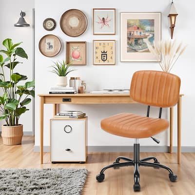 Small Armless Office Desk Chair with Wheels and Low Back Lumbar Support, Comfy Cute PU Leather Vanity Rolling Swivel Task Chair