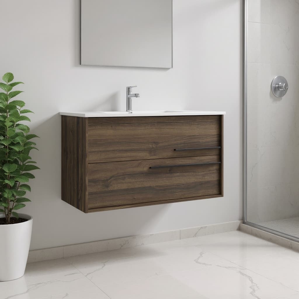 HomeRoots 40" Dark Brown Wood Floating Bathroom Vanity With White Sink And Two Drawers - 40.00 in. x 24.60 in. x 21.60 in.