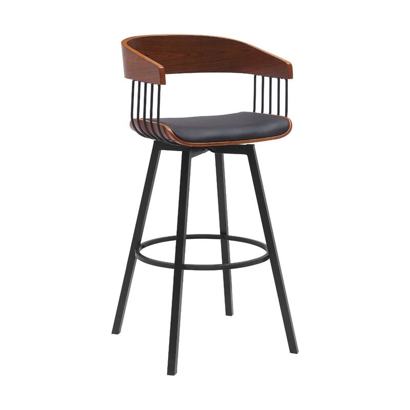 Modern Swivel Bucket Seat Bar Stool with Footrest and Armsrest Metal Frame for Kitchen Island - Black-31"