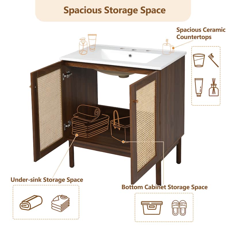 30" Handwoven Bamboo Door Bathroom Vanity with Soft-Close MDF Cabinet