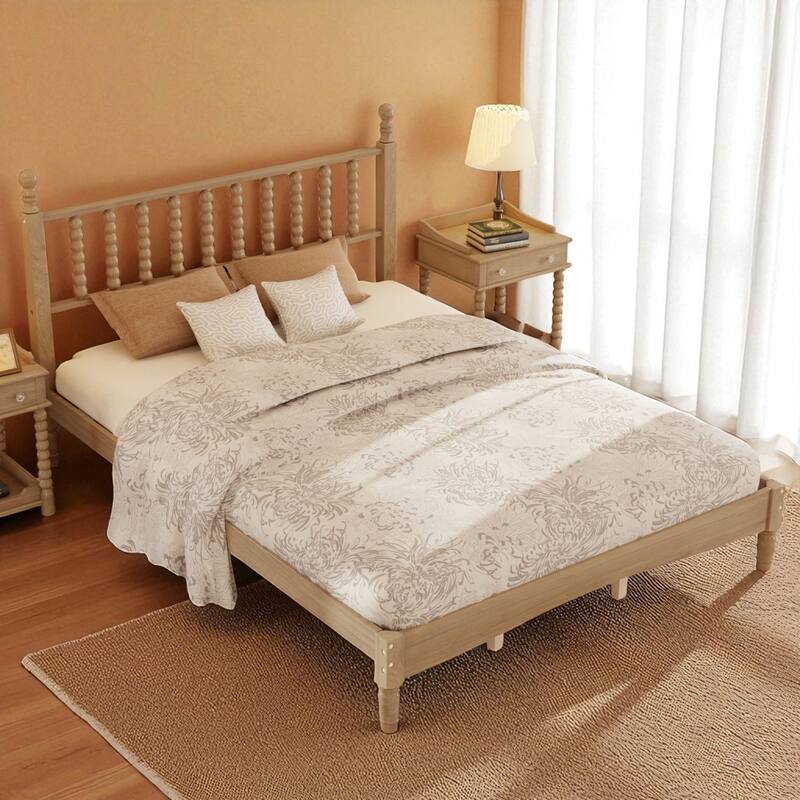 Queen Size Retro Wood Platform Bed with Gourd Shaped Headboard and Wooden Slats - Natural - Queen