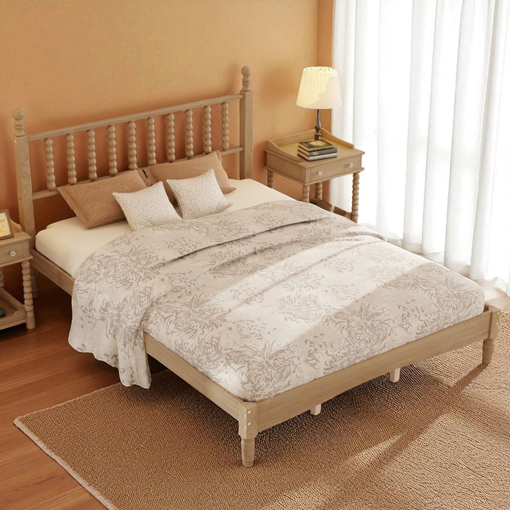 Queen Size Retro Wood Platform Bed with Gourd Shaped Headboard and Wooden Slats