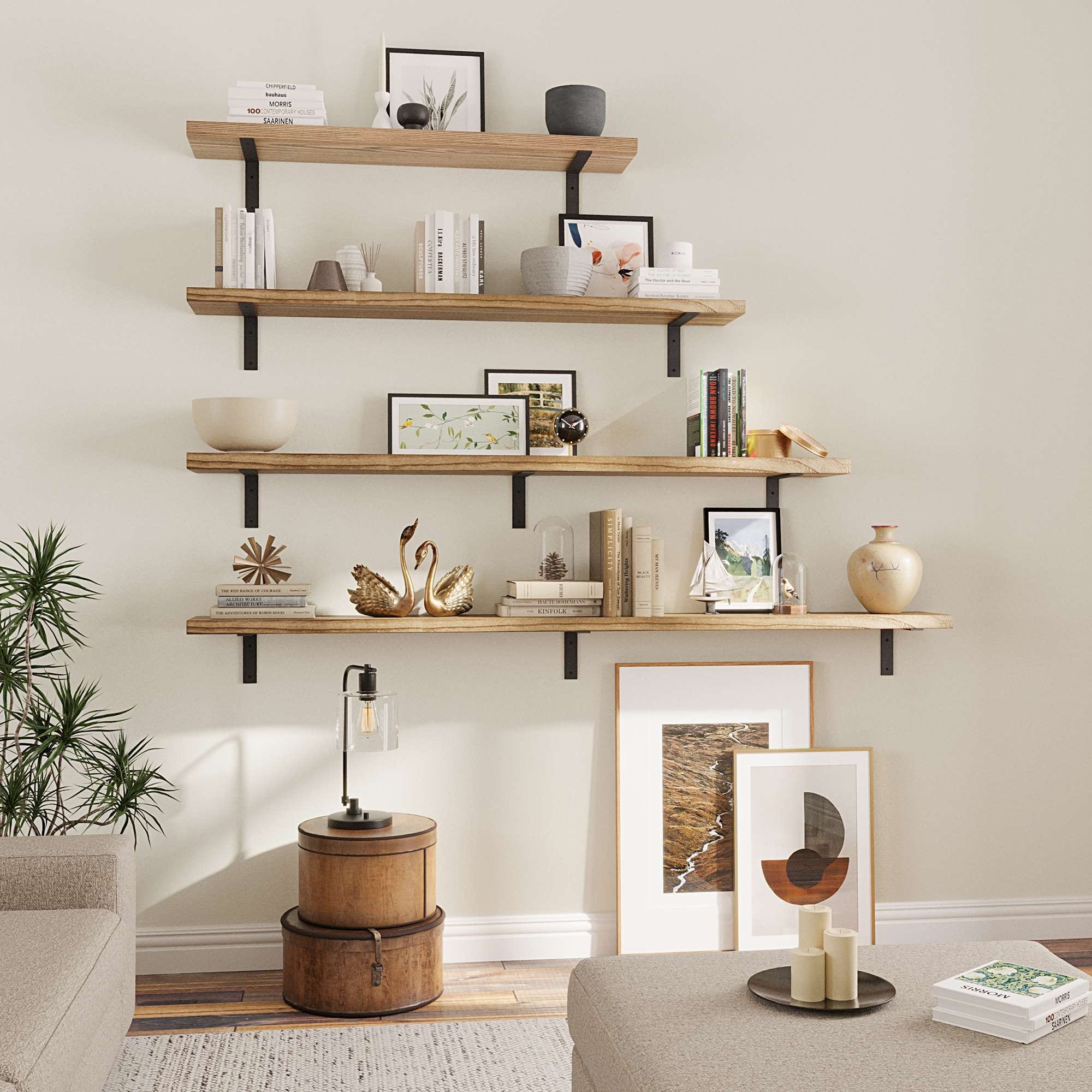 Wallniture Cervo 60-72-84 inch Long, Floating Wood Wall Shelf with Heavy Duty Brackets for Home Decor, Storage and Organization