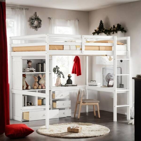 slide 2 of 24, High Full Loft Bed with Desk, Storage Shelves and Drawers, Guardrails White