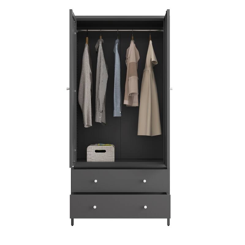 Metal Armoire Wardrobe Closet with 2 Drawers and Mirror Door and Hanging Rod, Metal Clothing Storage Cabinet Garment Organizer