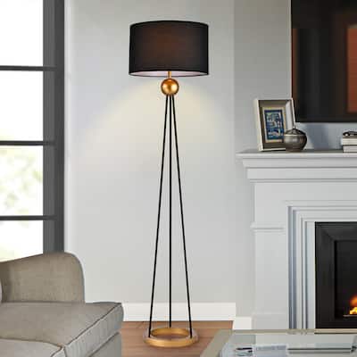 Kirsten Matte Black+Gold with Black Laminated Fabric Drum Shade 1-Light Floor Lamp