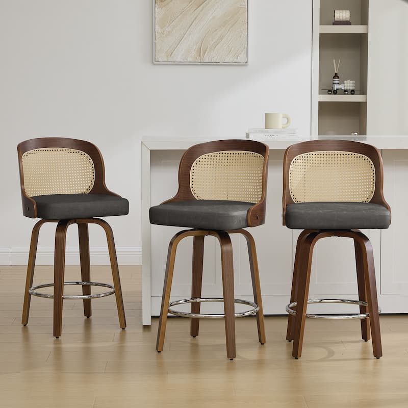 26" Upholstered Swivel Counter & Bar Stool with Rattan Back - 37.4"H x 19.09"W x 19.88"D