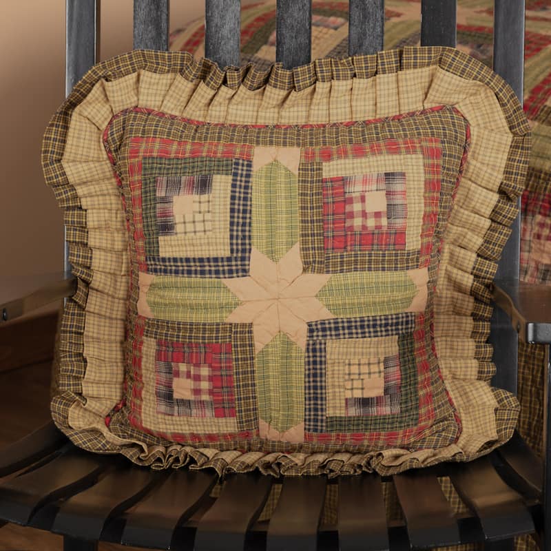 Tea Cabin Pillow Quilted 16x16 - Accent - Pillow 16x16 - Cotton - Moss Green/Dark Khaki/Deep Red