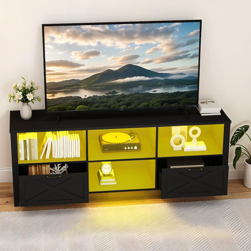Moasis 70"/59" Farmhouse TV Stand for 80"/65" TV with Outlet and Lights - 70" Drawer - Black