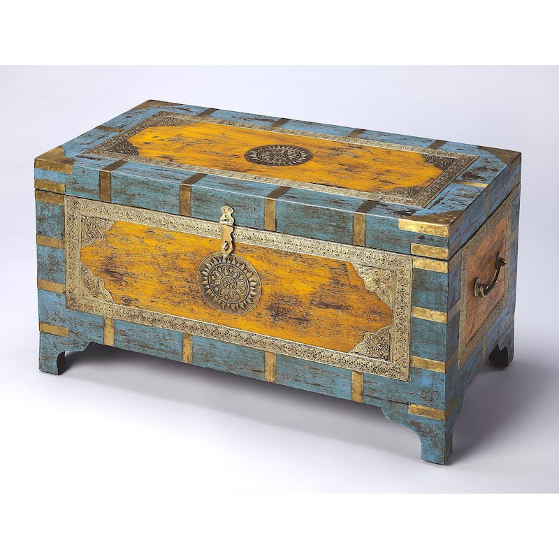 Nador Hand-Painted Brass Inlay Storage Trunk Coffee Table