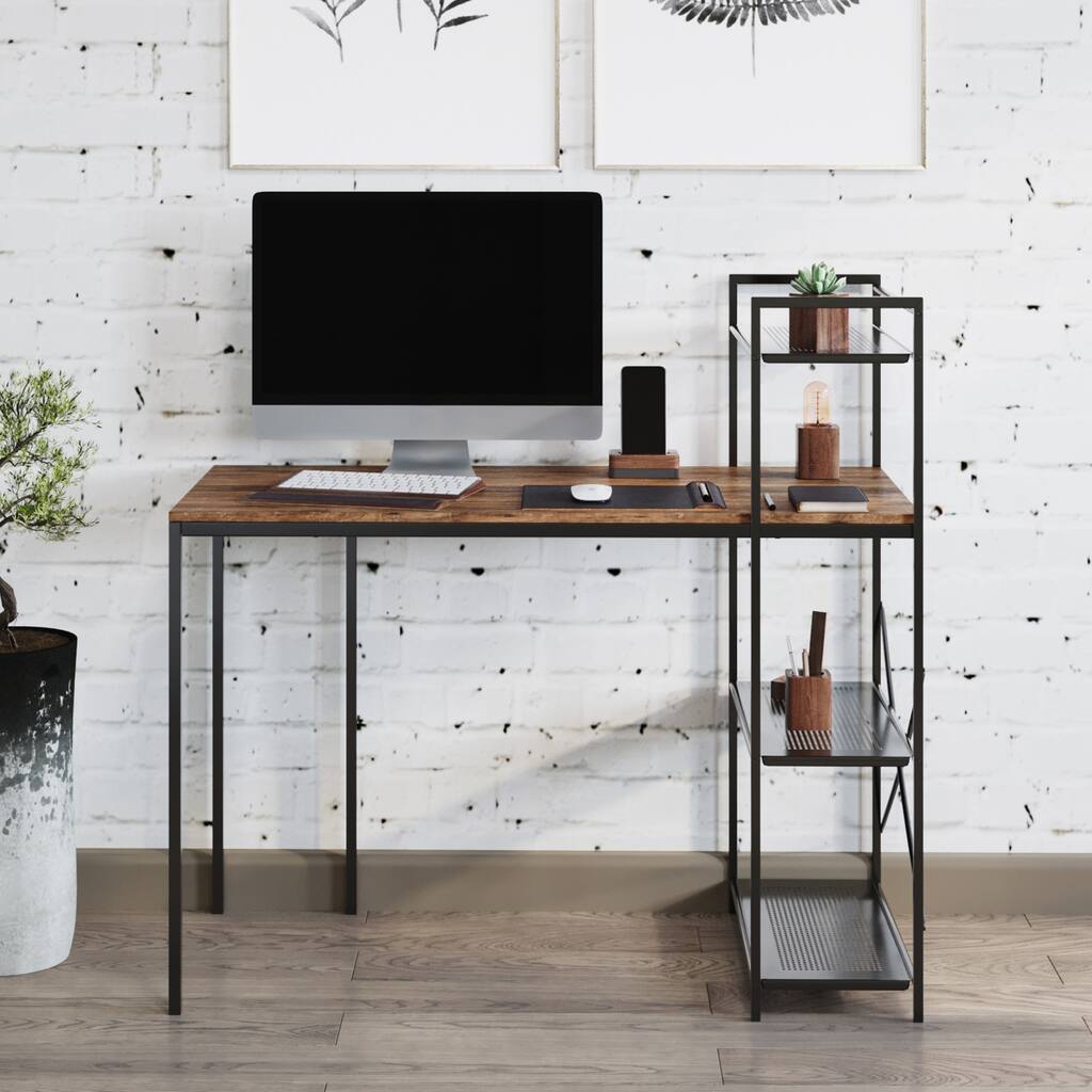 Lavish Home All-in-One Computer Desk with Shelves, Brown/Black