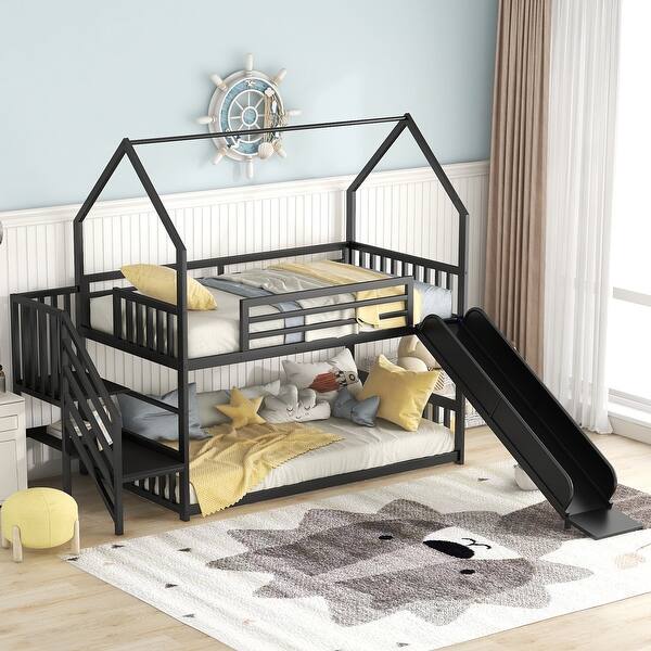 slide 2 of 9, Low Bunk Bed Metal House Frame Twin Over Twin w/Roof, Slide, Staircase Black - Twin