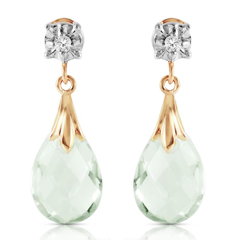 14K Solid Gold Stud Gemstone Earrings Diamond & Green Amethyst - Yellow