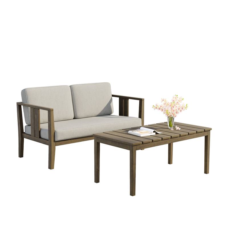 Uixe Teak Patio Loveseat with Coffee Table Outdoor Conversation Set