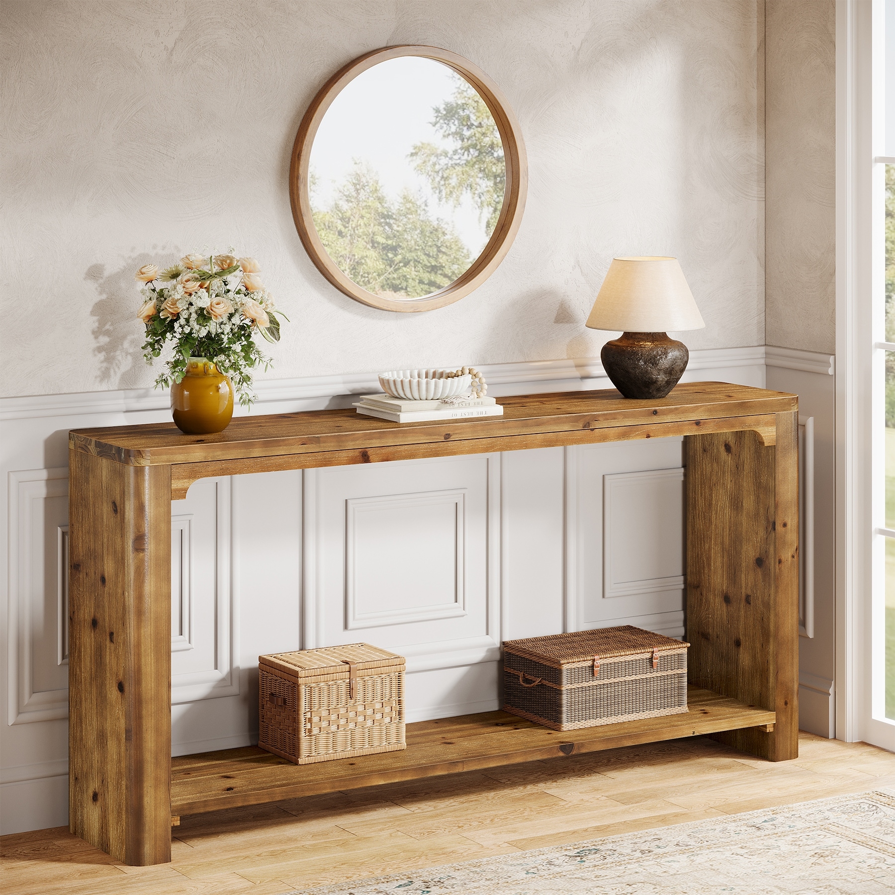 63" Long Solid Wood Entryway Table with 2-Tier Storage