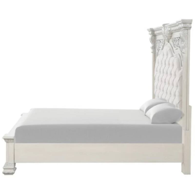 Miamy Queen Bed, Creamy White Wood, Panel Design, Silver Brushed Accents