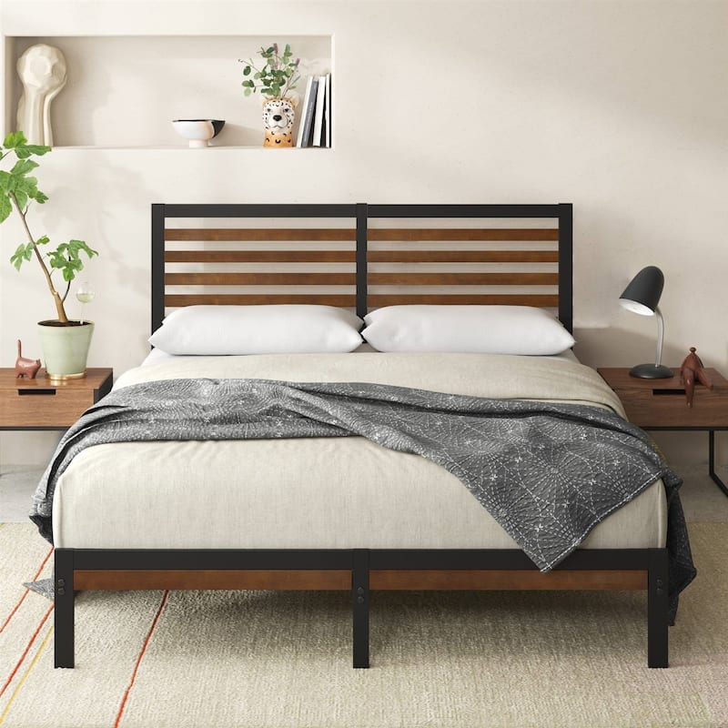 Modern Wicker Wood Platform Bed Frame with Steel Support