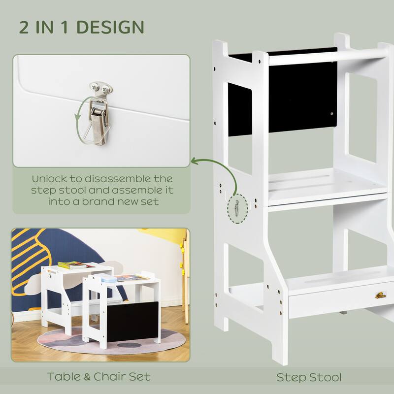 Kids Kitchen Step Stool, 2 in 1 Kitchen Table Set Toddler Standing Tower with Chalkboard, Safety Rail