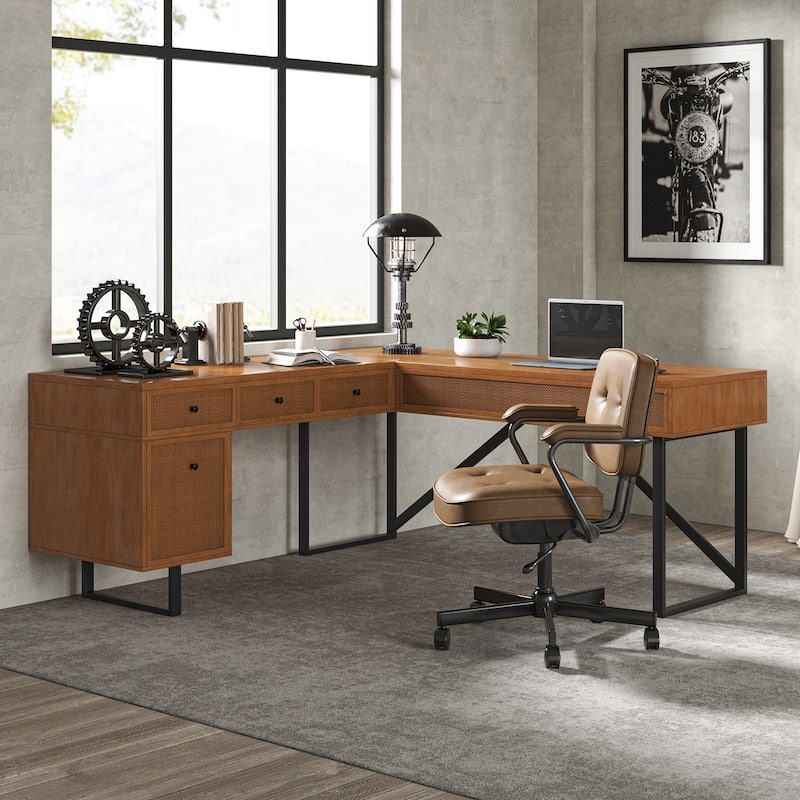 Alfons Industrial L-shaped Lift Top Cane Executive Office Desk with Drawers and Built-In Outlets by HULALA HOME - Acorn