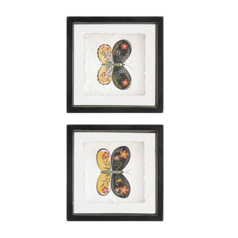 Wood Framed Floral Butterfly Wall Plaque - 6" - Set of 2