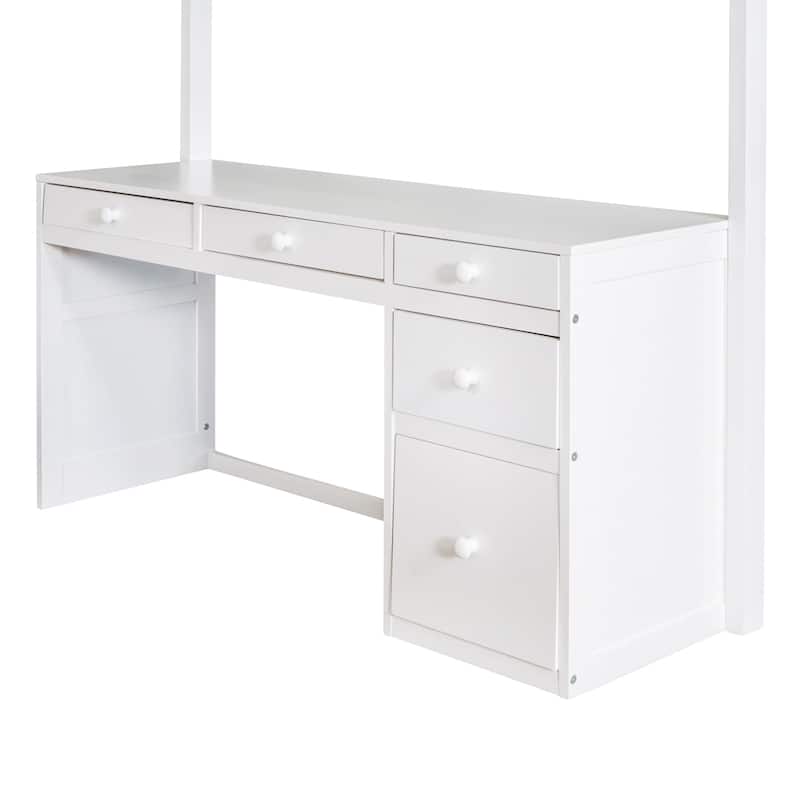 Full Size Loft Bed with Desk, Shelves and Drawers, Space-Saving Multi-Functional Bed Frame with Guardrails and Ladder