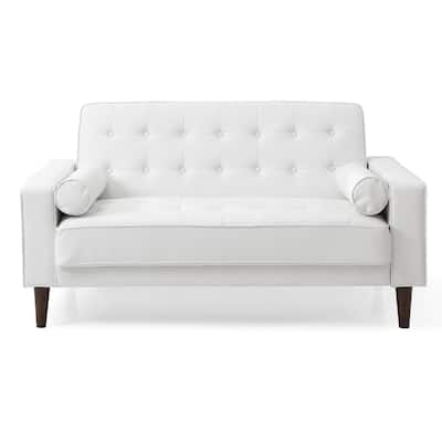 Flared Arm Faux Leather Tufted Straight Sofa with Bolster Pillows - 60" - White