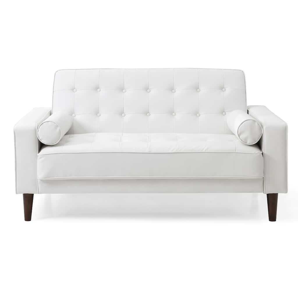 Flared Arm Faux Leather Tufted Straight Sofa with Bolster Pillows - 60" - White