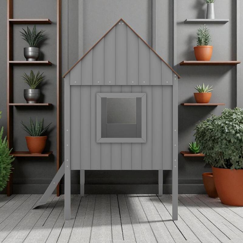 Twin Size House Bed with Roof and Side Windows, Low Loft Wooden Frame for Kids, No Box Spring Needed