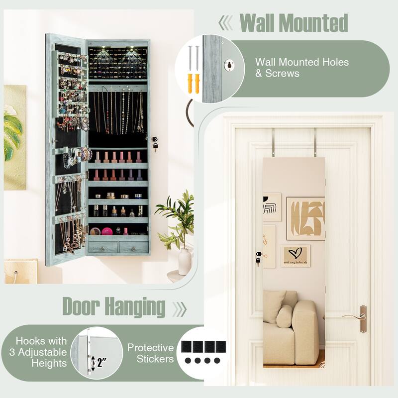 Costway Mirrored Wall & Door Mounted Jewelry Cabinet Storage Organizer - See Details