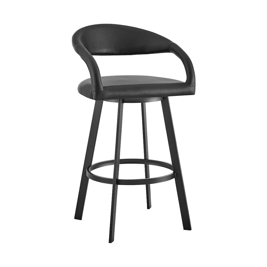 Monie Swivel Barstool Chair, Curved Floating Back, Black Faux Leather