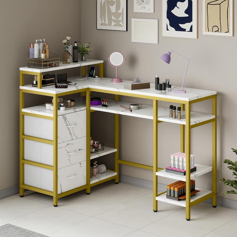 Moasis L Shape Nail Desk With Charger Station - White